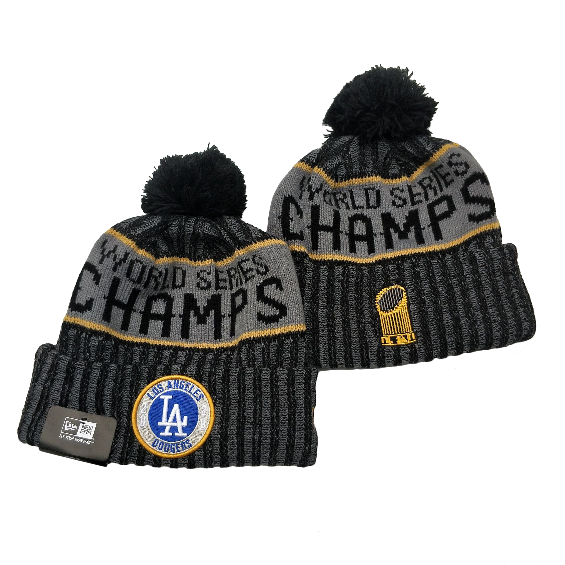 Dodgers Team Logo Gray 2020 World Series Champions Cuffed Pom Knit Hat YD
