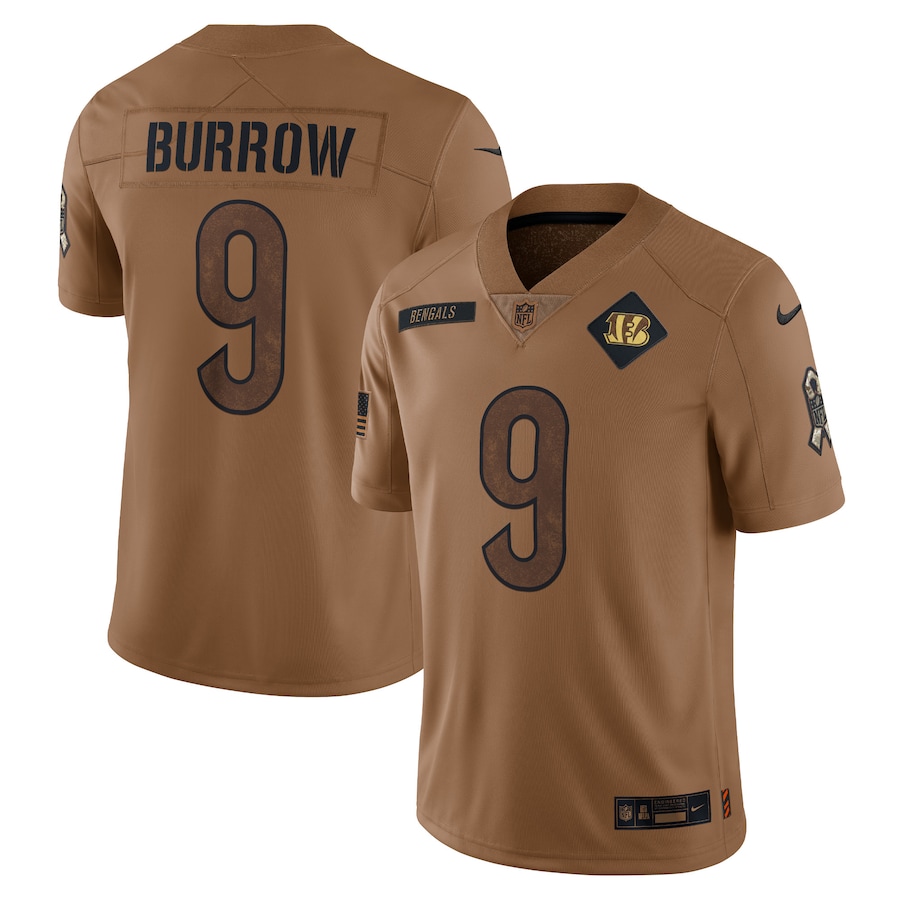 Nike Bengals 9 Joe Burrow Brown 2023 Salute To Service Limited Jersey