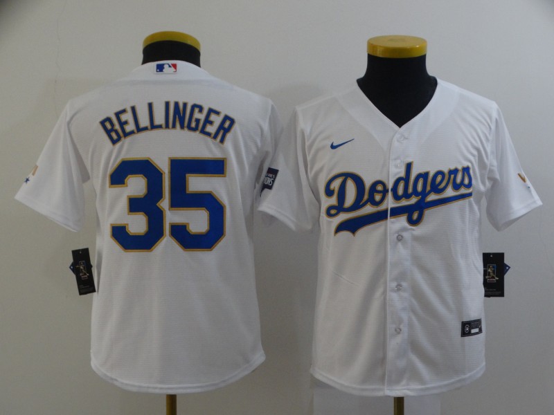Dodgers 35 Cody Bellinger White Youth Nike 2021 Gold Program Cool Base Jersey